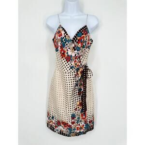 Vintage 90’s Y2k 100% Silk Satin Wrap Dress Floral Polka Dot Belted Midi